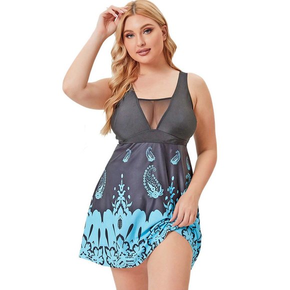 Plus 2Pc Swimdress Set Womens Size 24 High Cut Paisley Swimwear - Picture 4 of 10